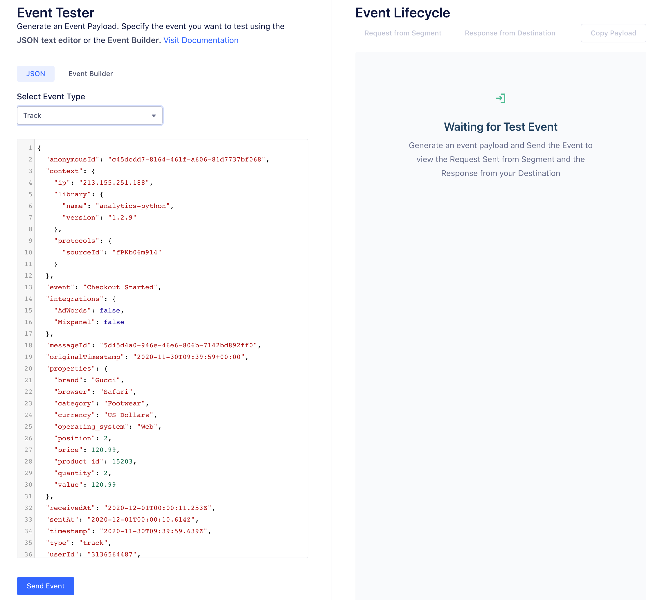 Screenshot of the Event Tester page.