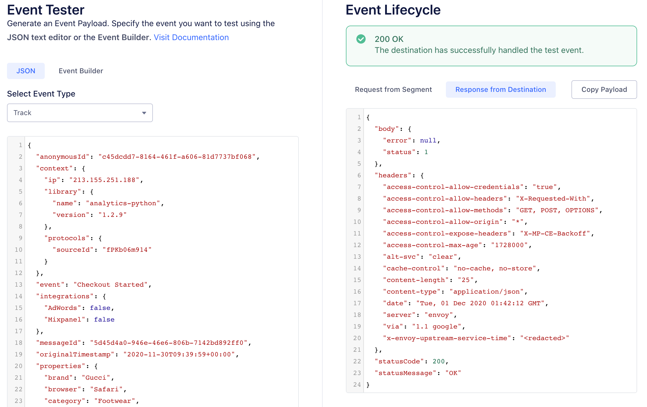 Screenshot of the Event Tester page, with the Response from Destination tab selected.