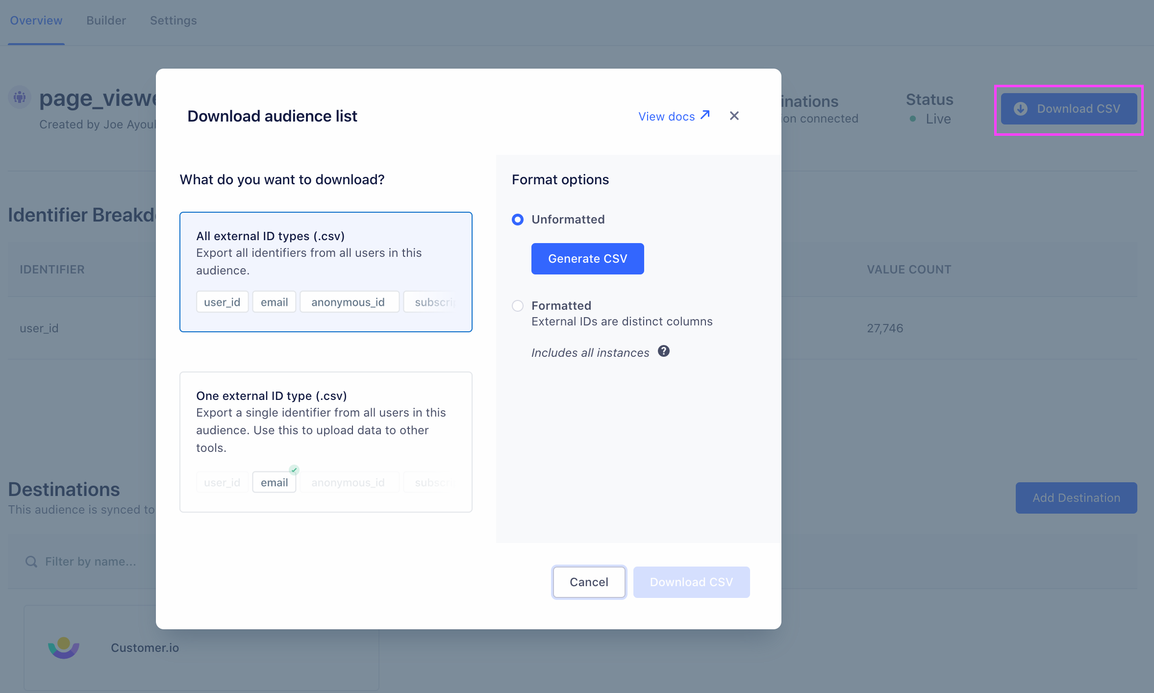 Downloading an Audience as a CSV file