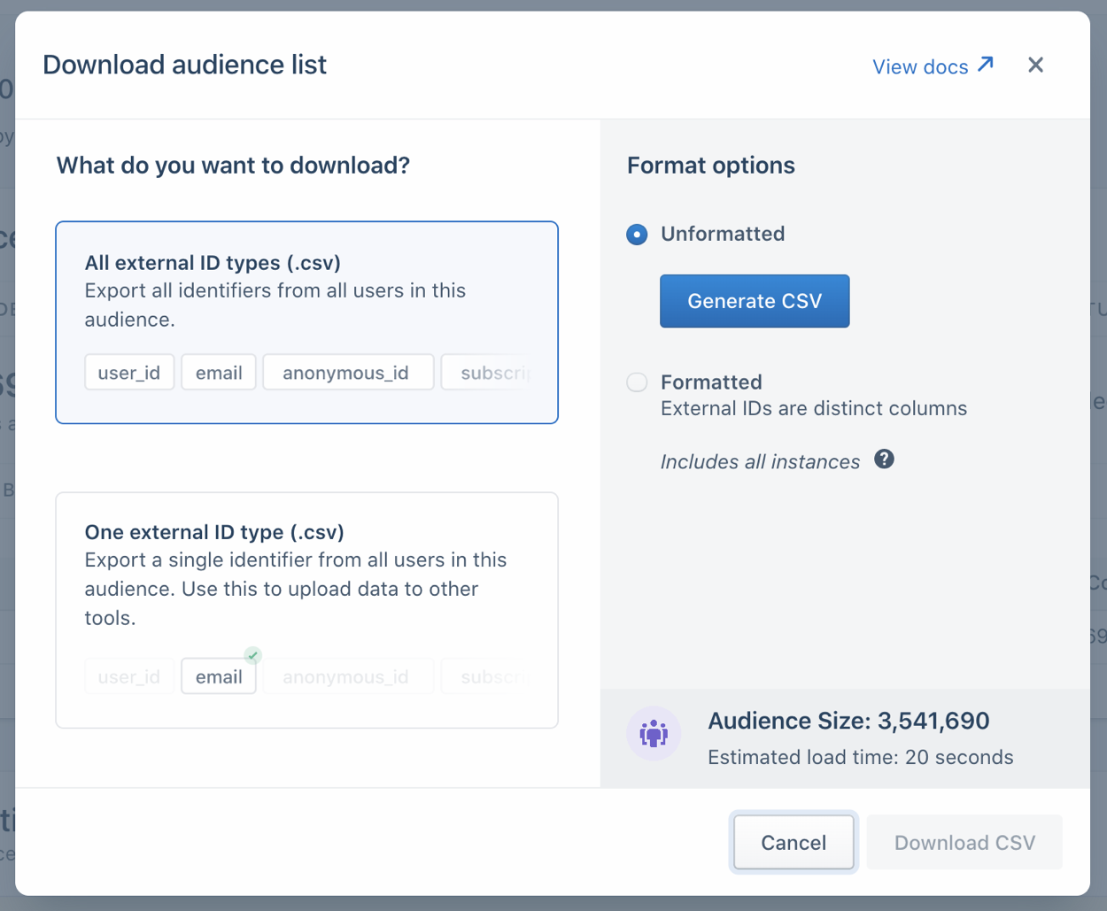 Screenshot of the Download audience list popup in Segment, with the All external ID types and Unformatted settings selected.