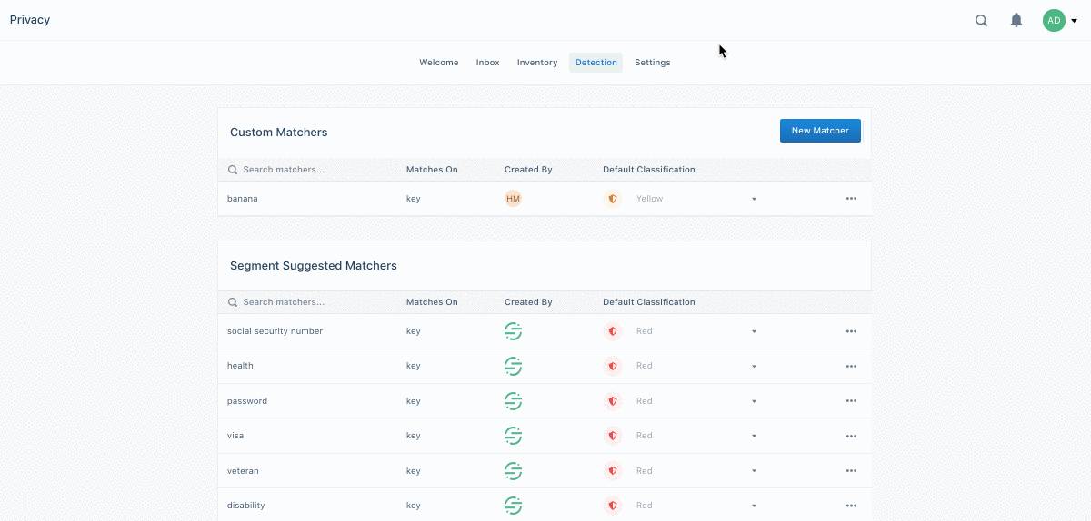 Add a new matcher with the Privacy Portal tools