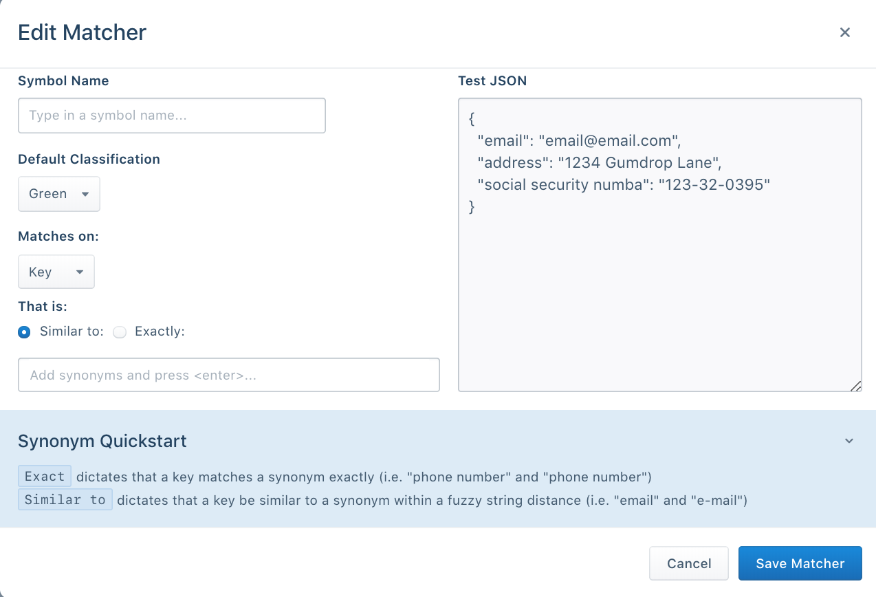 Screenshot of the Edit Matcher popup.