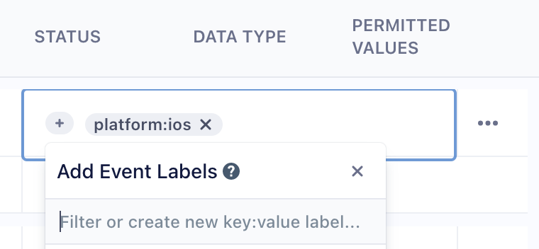 A screenshot of a tracking plan, zoomed in to show the event labels search bar. A label of "platform:ios" is present in the search bar.